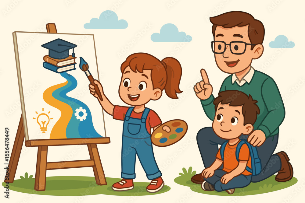Father teaches his son while a daughter paints her education path
