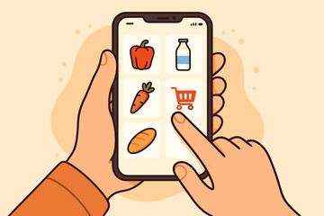 Cartoon hand holding smartphone using grocery shopping app for online food delivery, digital purchase, supermarket order, fresh vegetables, milk, bread, cart icon, modern e-commerce concept