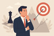 © Meline - Business strategy planning and leadership concept. Businessman thinking like chess piece for goal achievement, target success, challenge, decision making, vision, opportunity, growth, ambition