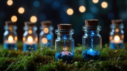 Fantasy Magic Potion Bottles on Lush Moss with Fairy Lights