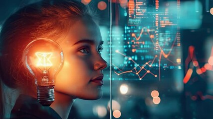 Woman with lightbulb and data visualization, futuristic tech concept