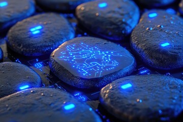 Wall Mural - circuit board design embedded on dark, wet stones; futuristic technology concept.