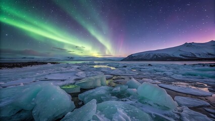 Frozen arctic glacier field with glowing ice formations and northern lights overhead

