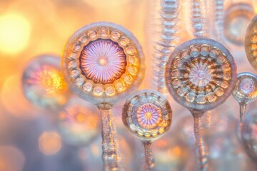 Wall Mural - microscopic view of intricate, colorful diatoms resembling ornate glass flowers.