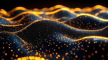 Wall Mural - golden illuminated particle waves across dark abyss