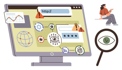 Computer monitor shows warning alerts, security icons, and surveillance elements. Female user accessing internet, magnifying glass focusing on eye. Ideal for cybersecurity, data protection, online