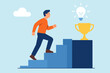 © Marie - Man walking up stairs to success. Career path and development concept. Businessman climbing step by step to a goal. Motivation and ambition for achievement. Reaching a trophy and new idea.