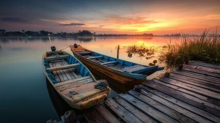 Naklejka na meble Colorful Boats Moored on Calm Lake at Sunset with Wooden Dock