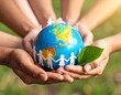 © Deva - Multiple hands hold a globe with paper cut-out people circling it, symbolizing unity, peace, and global collaboration, with a green leaf representing environmental care