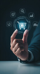 Wall Mural - hand interacting with a digital shopping cart interface, showcasing online retail, e-commerce, and d