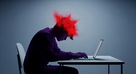 Wall Mural - person using laptop, red particles exploding from head, suggesting stress or mental overload. illust