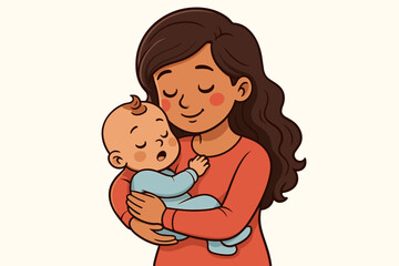 Loving mother holding her sleeping newborn baby. Cute cartoon illustration of motherhood, love and family. Mom embracing infant child with tenderness and care. Maternity concept.