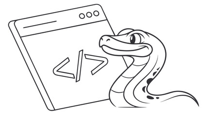 Cartoon Snake Mascot with Code Window Outline Illustration.