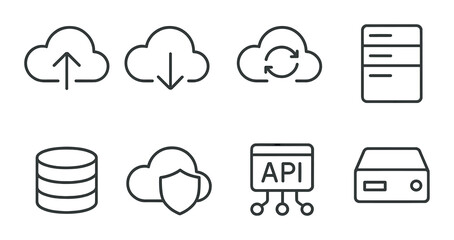 Cloud application linear icons set – simple network and server management symbols