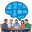 © IgorImageDoc - group five people sitting around round wooden table laptop front smiling appear engaged discussion above table large blue speech bubble various icons symbols inside speech bubble filled blue puzzle