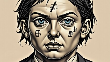 digital illustration man face man has dark hair blue eyes wearing suit tie background light beige color his face two chinese characters written black ink characters appear combination dollar sign