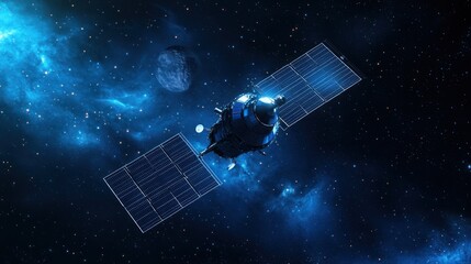 Spacecraft orbiting a planet in a nebula