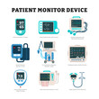 © Yumagema - Set of patient monitor device tool equipment, educational medical poster design healthcare scheme, labeled pulse, oximeter, heart rate monitor, ECG machine, blood pressure, ICU, glucometer, CTG, CPAC.
