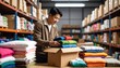 © nashwa - Man Organizing Colorful Fabrics in Warehouse with Cardboard Box and Shelves Full of Textiles