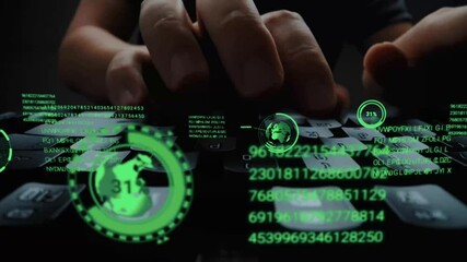 Wall Mural - time lapse of man working on laptop computer keyboard with graphic user interface gui hologram showi