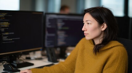 Concentrated asian woman works on computer with lines of code on the monitor in an office setting, wearing yellow sweater.