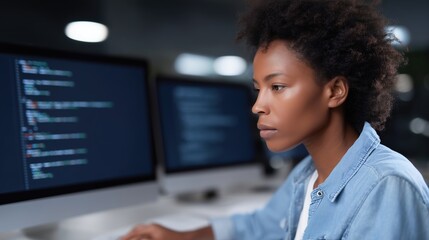 A focused individual at work. A young woman thoughtfully navigates a complex coding interface on a computer. The scene is set in a modern, technological office environment.