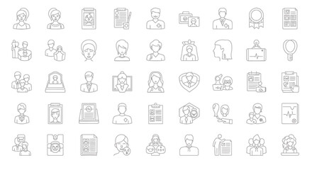  Vector Icons Set of Collection of Line Art Icons Representing Diverse Professions and People. Vector Illustrations. EPS Editable