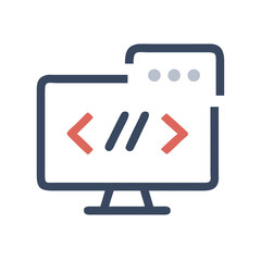 stylized monitor with code symbols for software development concept on a black background