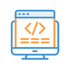 stylized computer monitor with code elements representing software development process