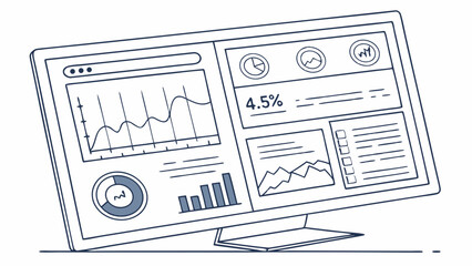 Data Analytics Dashboard on Computer Monitor with Charts and Graphs. Business Intelligence and Financial Reporting Concept.