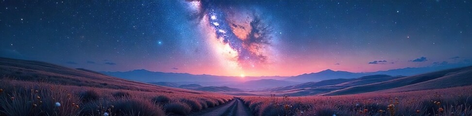 serene celestial landscape starlight illuminates rolling hills and distant galaxies in a vast, ether