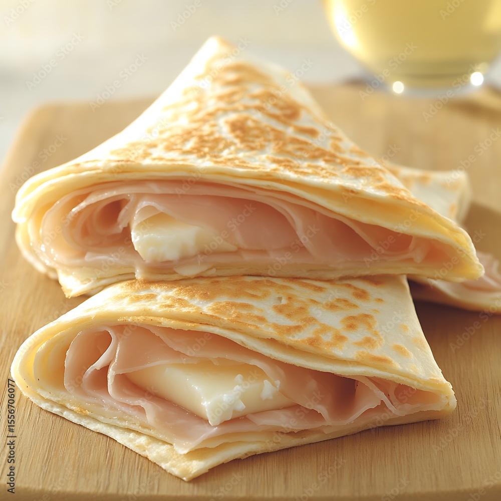 Artisanal crepe stacks, filled with savory ham and creamy cheese ...