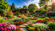 © Pixel Alchemist - Vibrant garden filled with variety of colorful flowers and lush greenery, featuring charming gazebo surrounded by meticulously arranged flower beds. scene evokes sense of tranquility and beauty