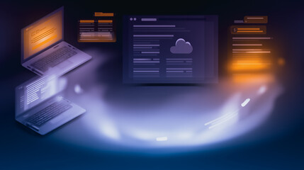 Wall Mural - cloud computing digital data network: abstract digital design featuring a network of laptops and a c