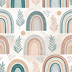Wall Mural - seamless pastel rainbow and botanical pattern with delicate leaves in soft minimalist repeating desi