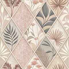 Wall Mural - elegant botanical diamond pattern wallpaper featuring floral leaves and soft modern colors