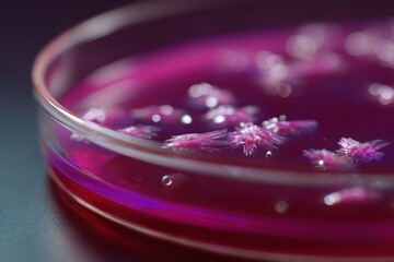 Wall Mural - Crystals forming on chemical solution surface in petri dish, chemistry experiment close-up