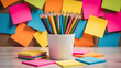 © Akbar Hossain - A vibrant collection of colorful sticky notes and sharpened pencils in a white holder arranged on a light colored surface with a wooden background