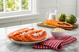 Freshly sliced papaya served with cottage cheese on a marble table, bright kitchen background