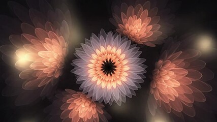 Wall Mural - Glowing fractal flowers bloom dark background; digital art, website design