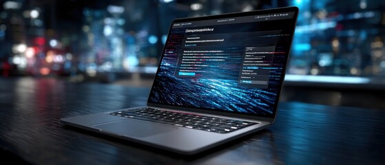 Laptop displaying code on a dark surface