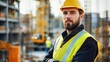 © Daiki - This portrait features a young male construction worker in safety gear, showcasing confidence on a busy construction site with machinery in the background.