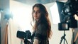 © Daiki - A young photographer confidently holds her camera in a well-lit studio, ready to capture stunning images amidst professional photography equipment.
