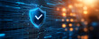 © Tondone - Blue background features glowing shield with checkmark, symbolizing security and protection in digital environment. design conveys sense of trust and safety