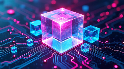 Quantum computing: abstract technology cube with circuit board