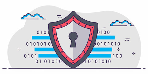 Digital Fortress: A digital shield, symbolic of secure cyberspace, hovers protectively over binary data streams. The illustration evokes a sense of security.