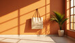 © Babla - Stylish cream colored tote bag mockup hanging on a terracotta wall with shadows