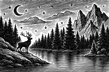 deer in mountain landscape with trees and lake under starry night engraving