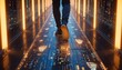 © Shelvina - A person walks through a futuristic hallway with glowing pillars and a floor displaying their footprints.