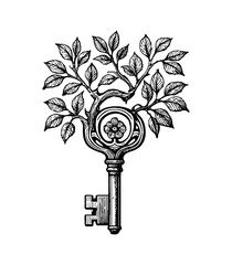 Wall Mural - vintage key and tree branch illustration in black and white engraved style design